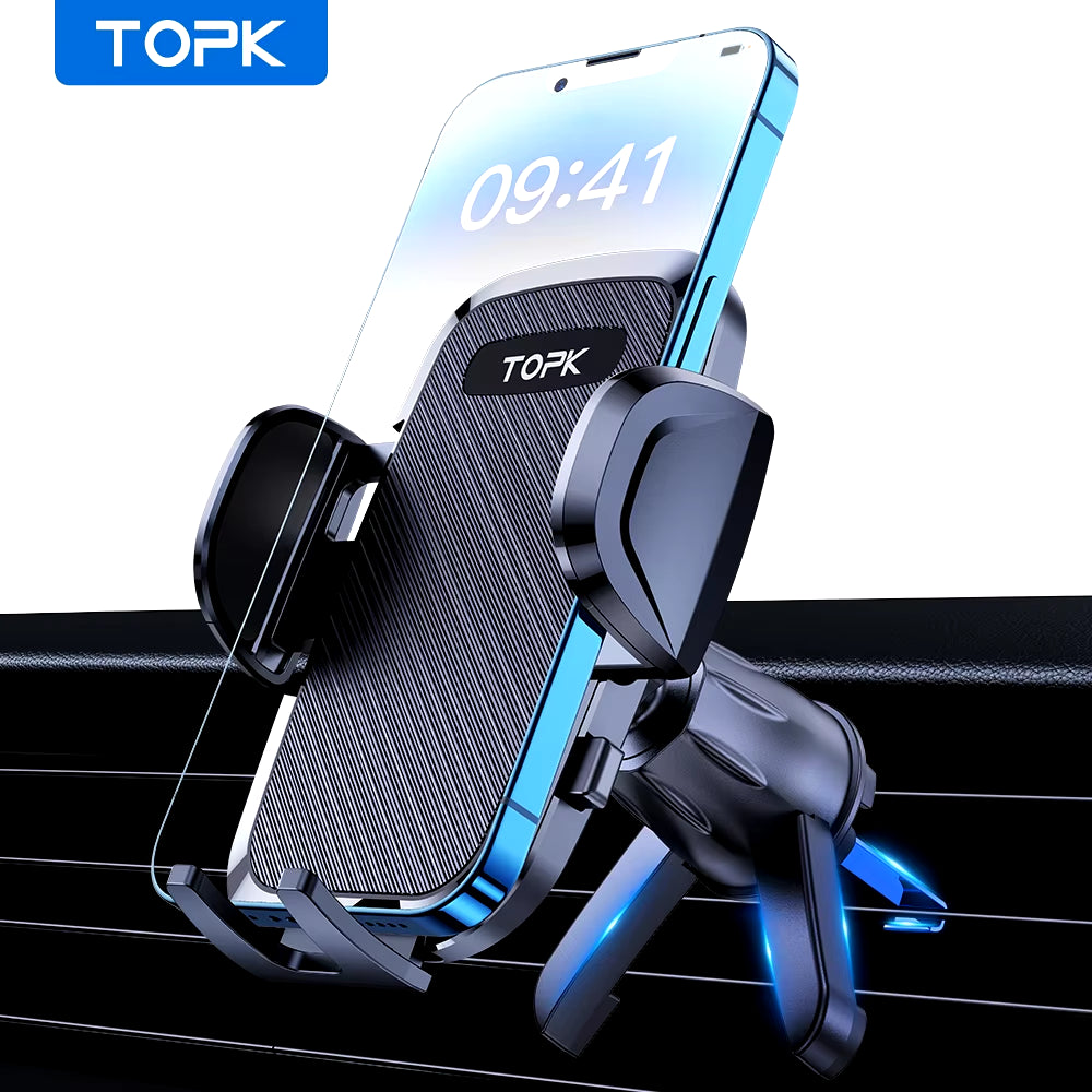 Topk car phone holder with smartphone displaying time on a white background
