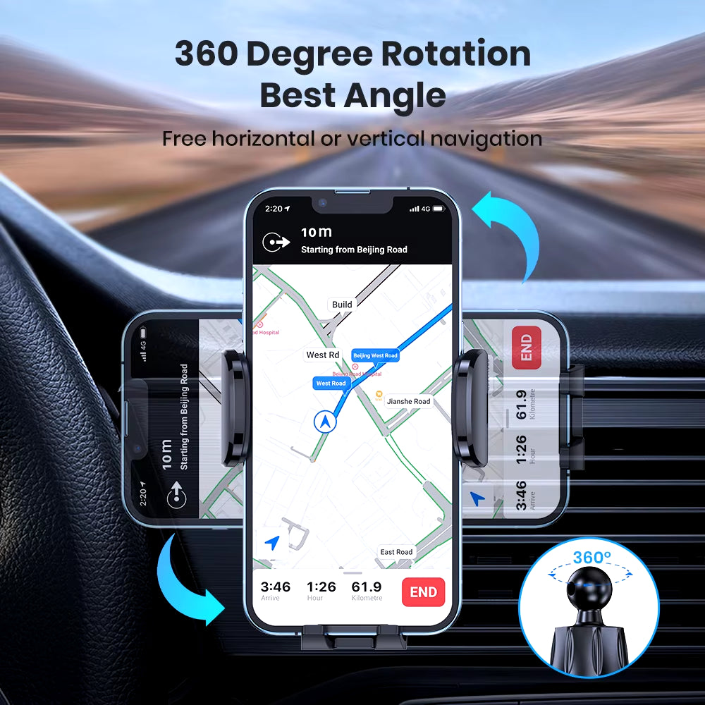 Car phone holder with 360-degree rotation feature displayed on a dashboard.
