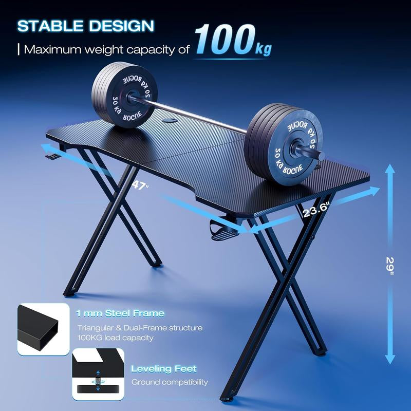 Weight bench with barbell on a blue background, highlighting stable design and capacity.