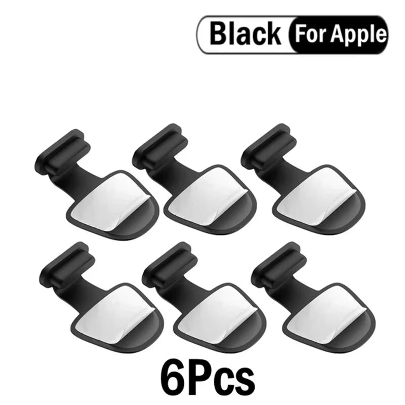 Six black phone holders for Apple on a white background