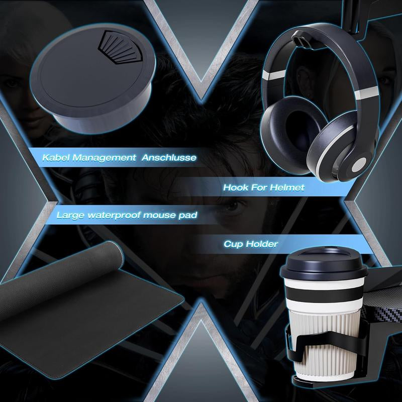 Collage of gaming accessories including headphones, mouse pad, and cup holder with text labels.