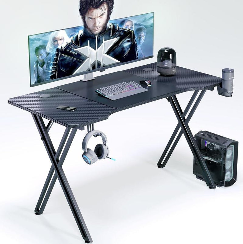 Ergonomic RGB Gaming Desk with LED Lighting - 47-Inch Carbon Fiber Surface PC Workstation with Cup Holder