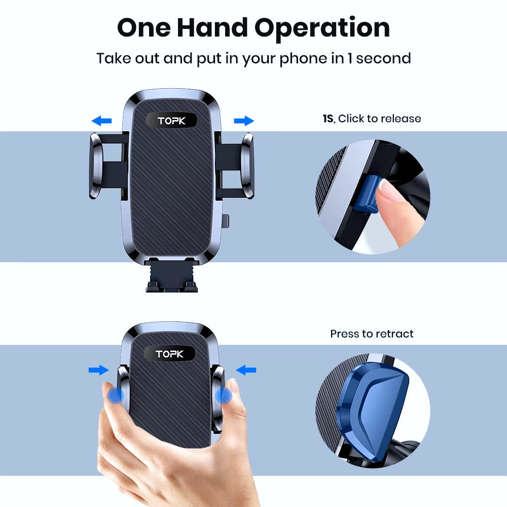 TopK phone holder with one hand operation features on a blue background